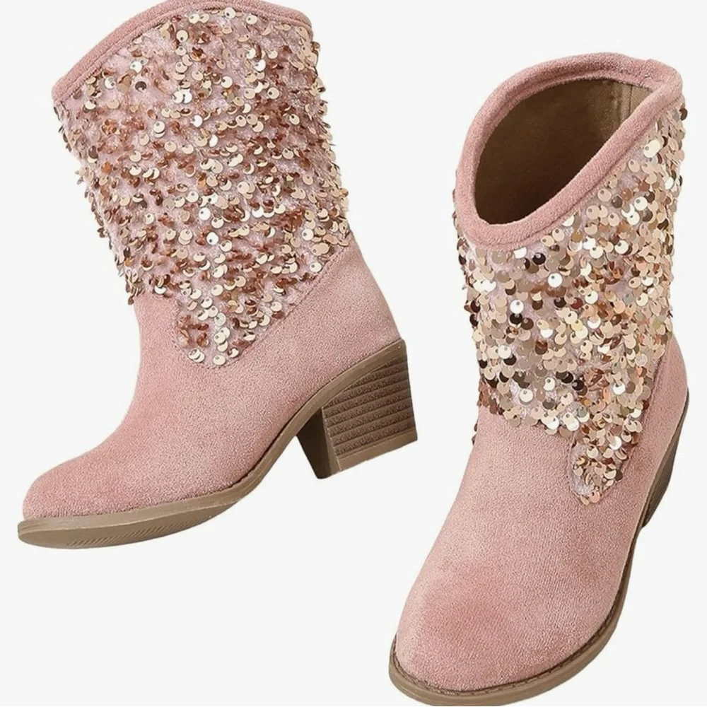 Girls Cowgirl Sequin Embellished Pink Ankle Boots